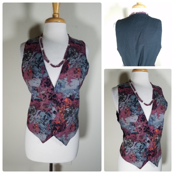 Montello Vintage Abstract Print Vest L + Necklace - Picture 1 of 8
